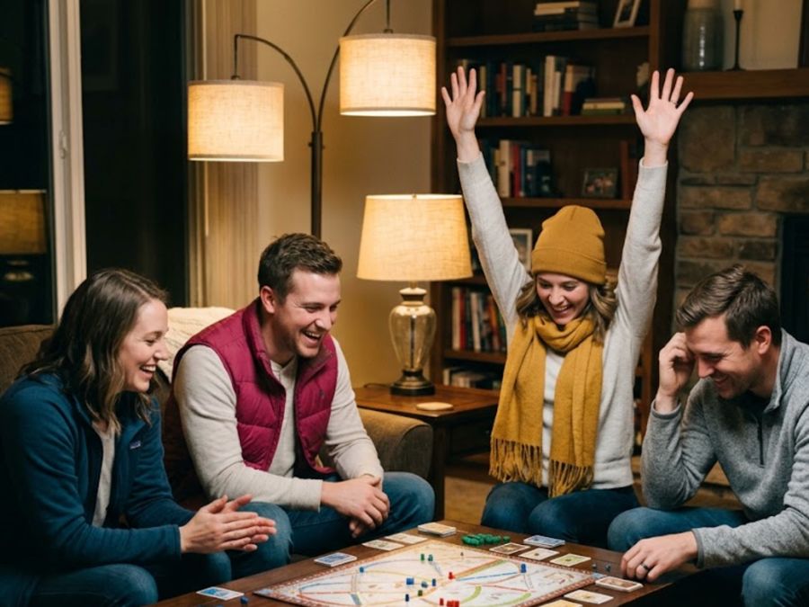 Friends laughing over a board game at night